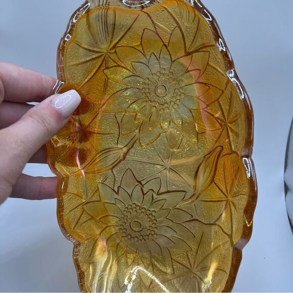 Vintage Marigold Floral Indiana Carnival Glass Oval Candy Dish Bowl Relish Bowl - Picture 4 of 11